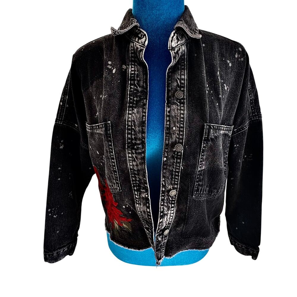 ZARA Trafaluc Denim Black Embroidered Distressed Grunge Crop Jacket Indie Boho